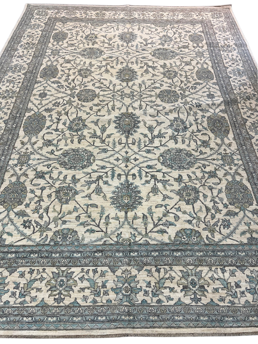 Ivory, Sky Blue &amp; Slate Gray Botanical Floral Design - Handcrafted Wool Area Rug –  9.9’ x 12.4’