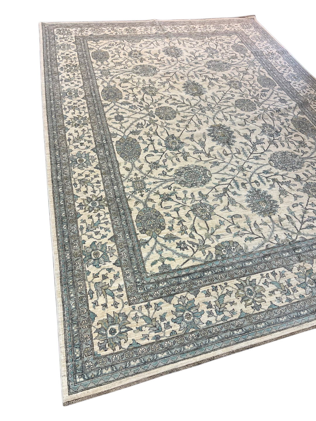 Ivory, Sky Blue &amp; Slate Gray Botanical Floral Design - Handcrafted Wool Area Rug –  9.9’ x 12.4’