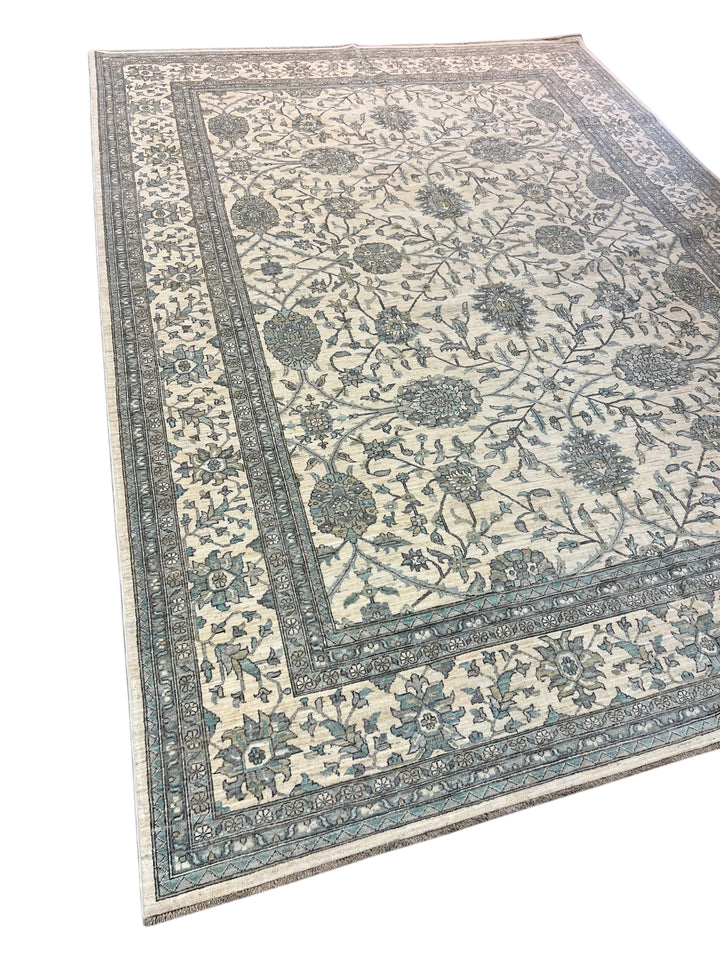 Ivory, Sky Blue &amp; Slate Gray Botanical Floral Design - Handcrafted Wool Area Rug –  9.9’ x 12.4’