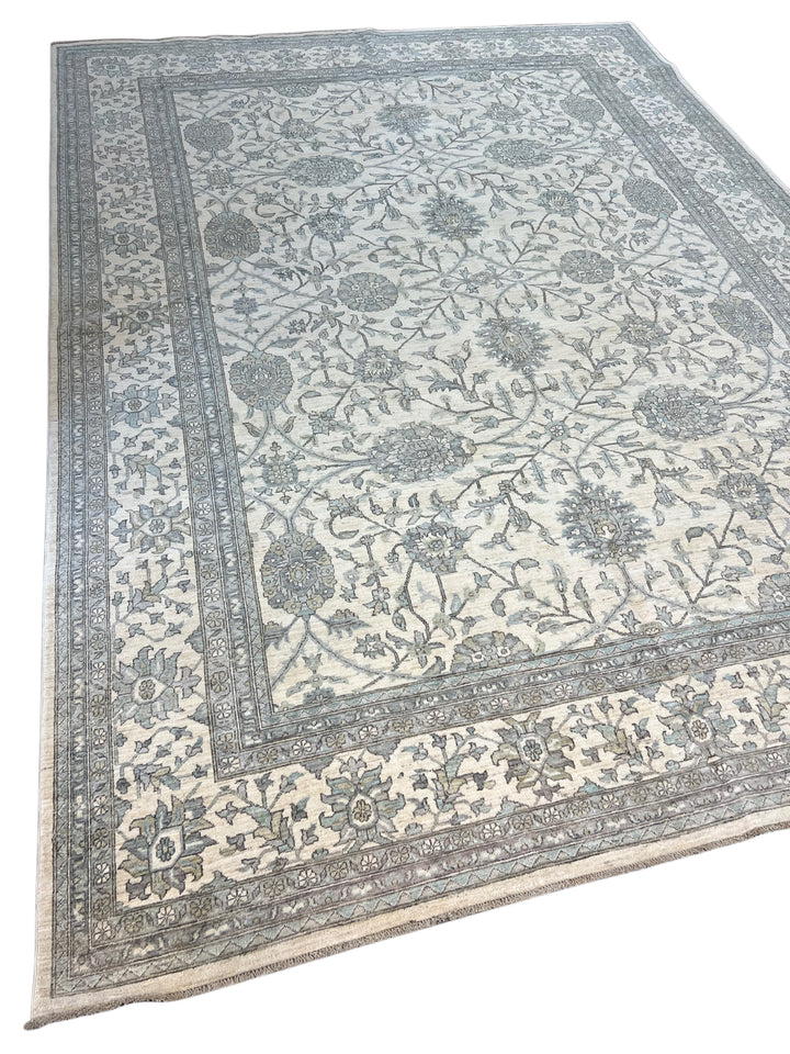Ivory, Sky Blue &amp; Slate Gray Botanical Floral Design - Handcrafted Wool Area Rug –  9.9’ x 12.4’