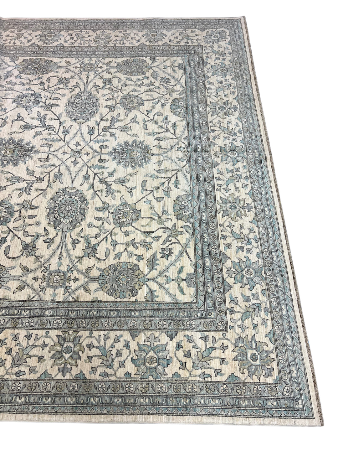 Ivory, Sky Blue &amp; Slate Gray Botanical Floral Design - Handcrafted Wool Area Rug –  9.9’ x 12.4’