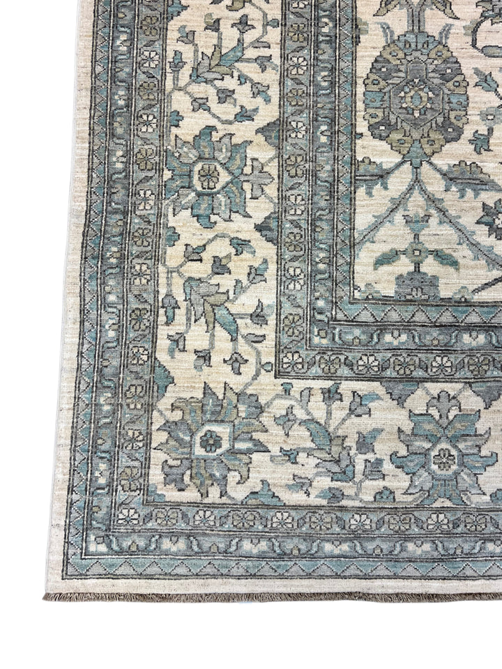 Ivory, Sky Blue &amp; Slate Gray Botanical Floral Design - Handcrafted Wool Area Rug –  9.9’ x 12.4’