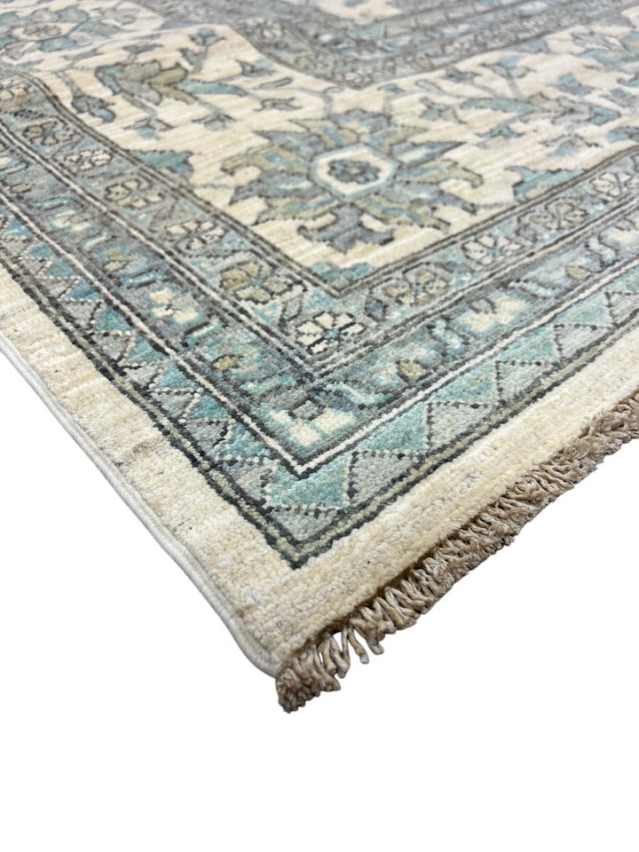 Ivory, Sky Blue &amp; Slate Gray Botanical Floral Design - Handcrafted Wool Area Rug –  9.9’ x 12.4’