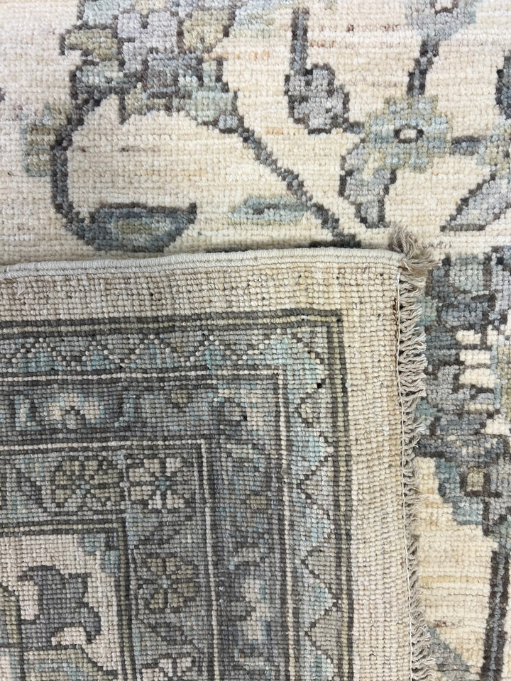 Ivory, Sky Blue &amp; Slate Gray Botanical Floral Design - Handcrafted Wool Area Rug –  9.9’ x 12.4’
