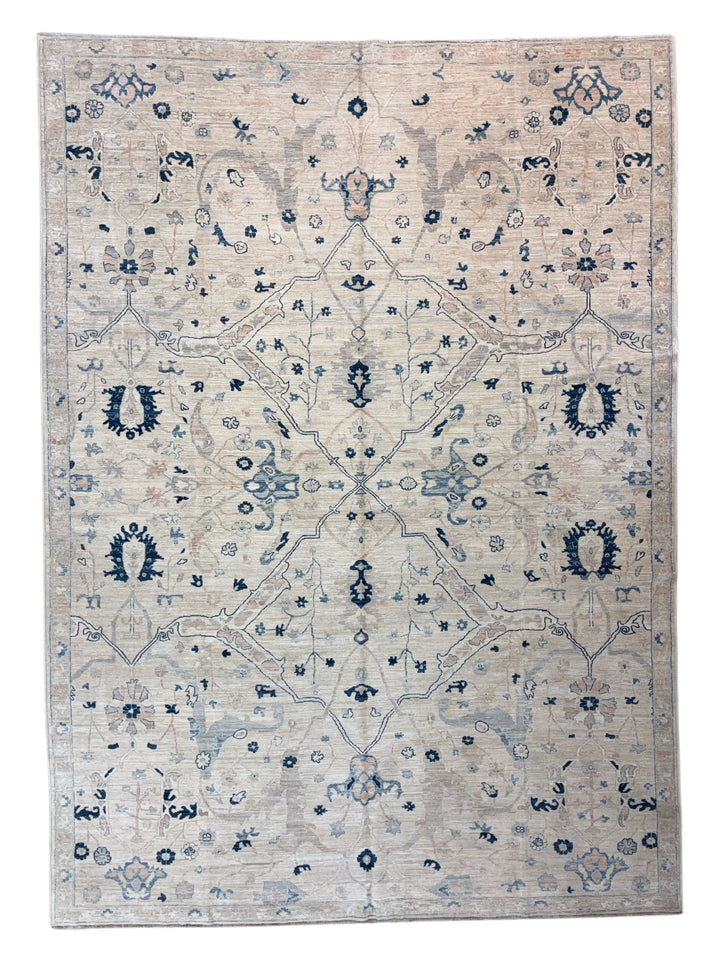 Ivory, Sky Blue &amp; Soft Blush Classic Floral Design - Handcrafted Wool Area Rug – 9.10’ x 13.5’