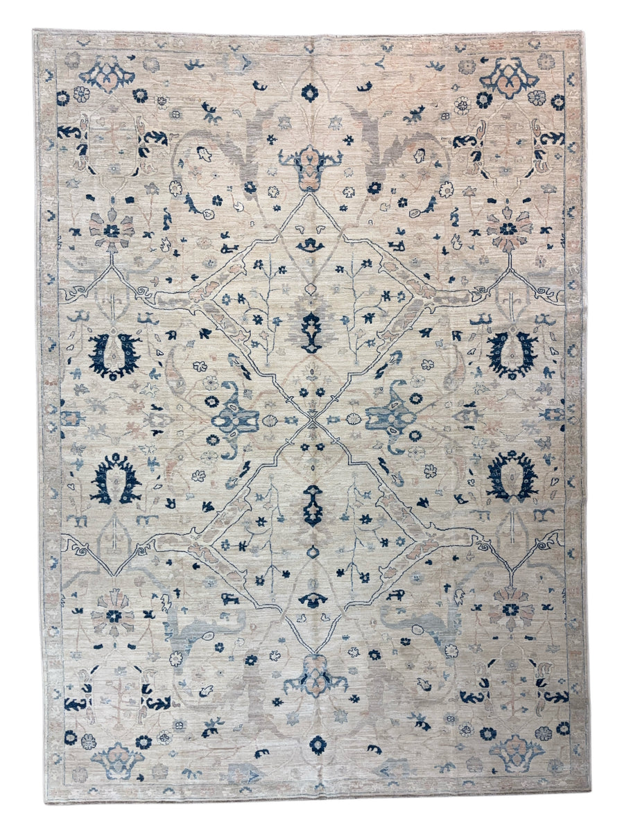 Ivory, Sky Blue & Soft Blush Classic Floral Design - Handcrafted Wool Area Rug – 9.10’ x 13.5’