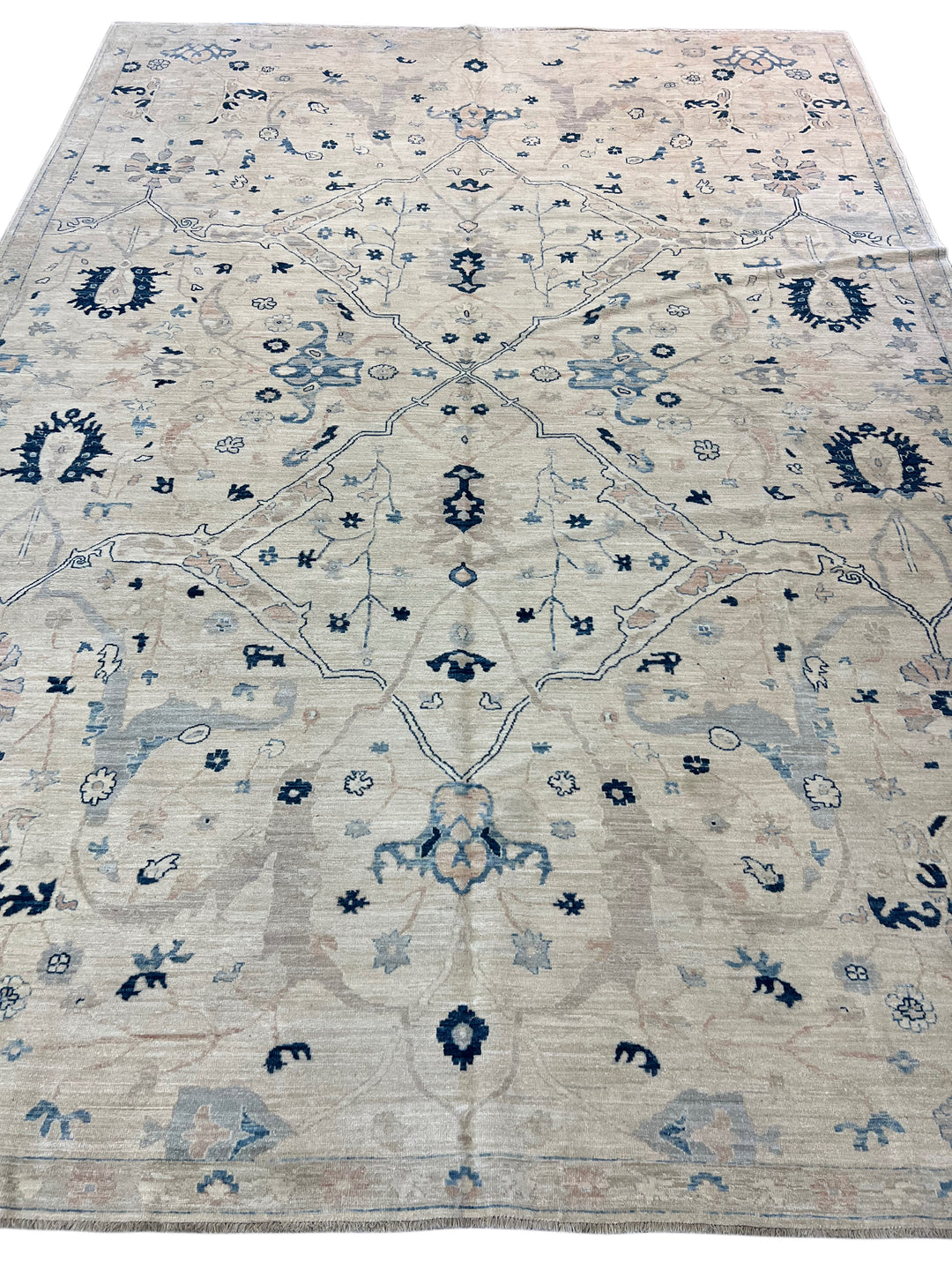 Ivory, Sky Blue &amp; Soft Blush Classic Floral Design - Handcrafted Wool Area Rug – 9.10’ x 13.5’