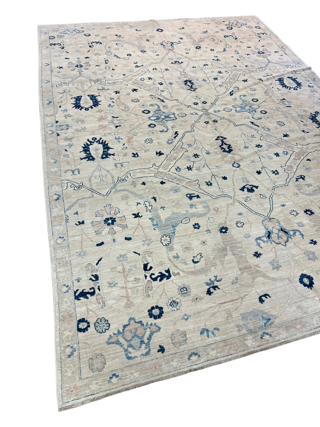Ivory, Sky Blue &amp; Soft Blush Classic Floral Design - Handcrafted Wool Area Rug – 9.10’ x 13.5’