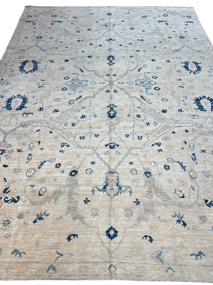 Ivory, Sky Blue &amp; Soft Blush Classic Floral Design - Handcrafted Wool Area Rug – 9.10’ x 13.5’