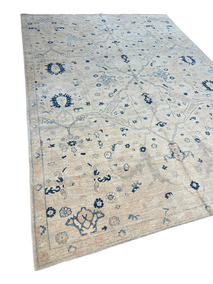 Ivory, Sky Blue &amp; Soft Blush Classic Floral Design - Handcrafted Wool Area Rug – 9.10’ x 13.5’