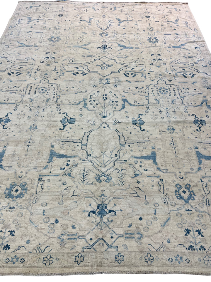 Ivory &amp; Sky-Blue Botanical Wool Rug – 10’0” × 13’8”
