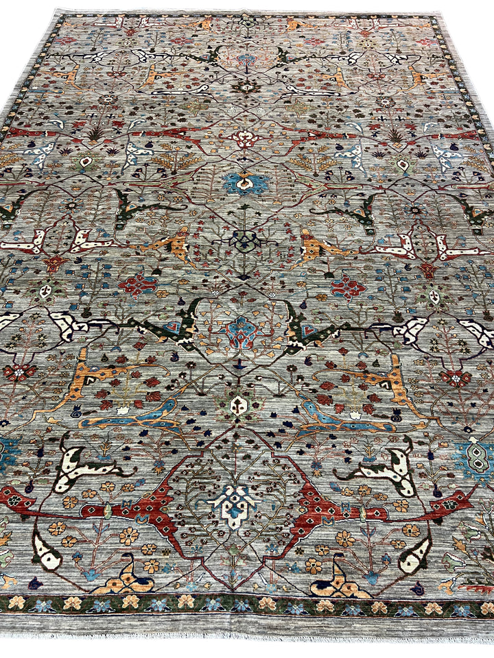 Gray &amp; Multicolor Botanical Wool Rug – 9’11” × 13’10”