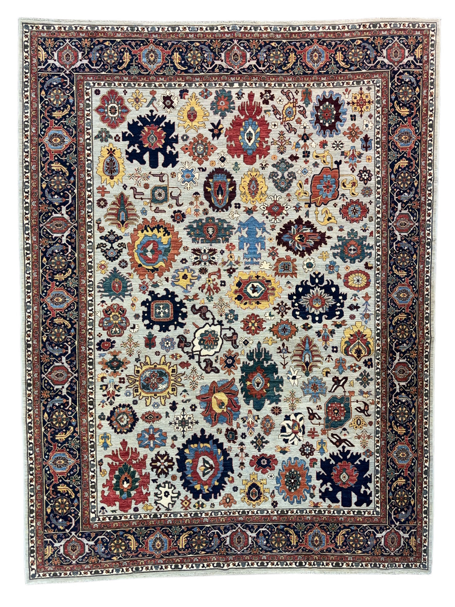 Ivory & Navy Geometric Wool Rug – 10’2” × 13’5”