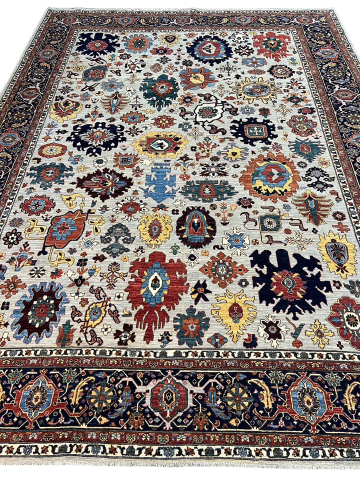Ivory &amp; Navy Geometric Wool Rug – 10’2” × 13’5”