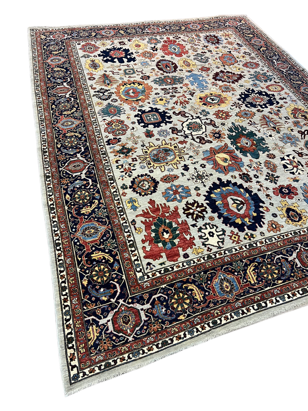 Ivory &amp; Navy Geometric Wool Rug – 10’2” × 13’5”
