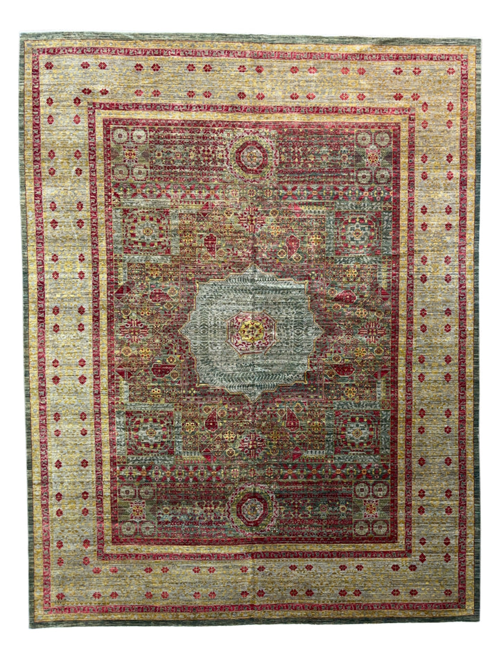 Sage, Burgundy &amp; Gold Wool Area Rug  – 10’0” × 12’11”