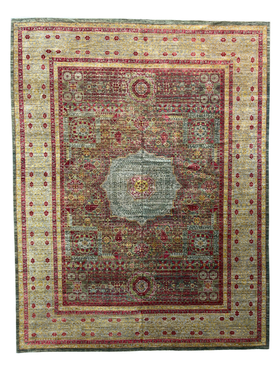 Sage, Burgundy & Gold Wool Area Rug  – 10’0” × 12’11”