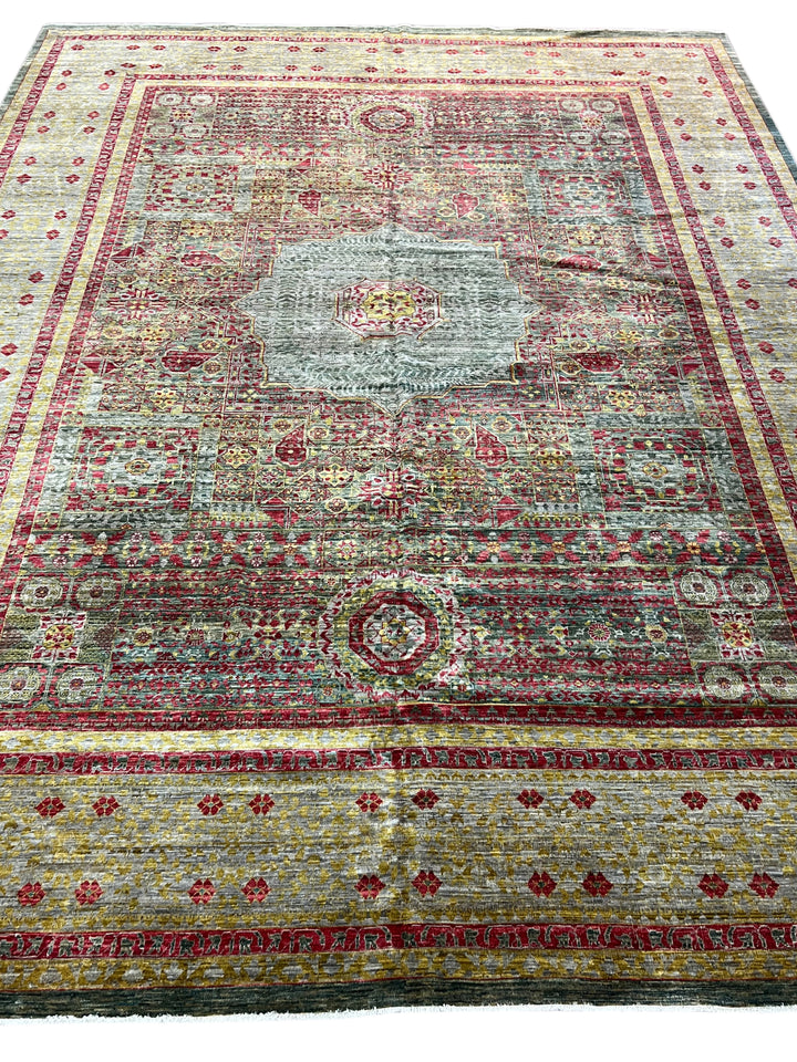 Sage, Burgundy &amp; Gold Wool Area Rug  – 10’0” × 12’11”