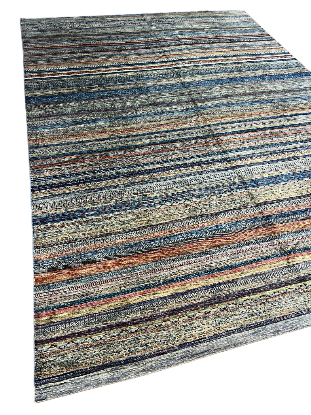 Modern Striped Wool Rug in Blue, Ivory &amp; Rust – 10’0” × 13’10”