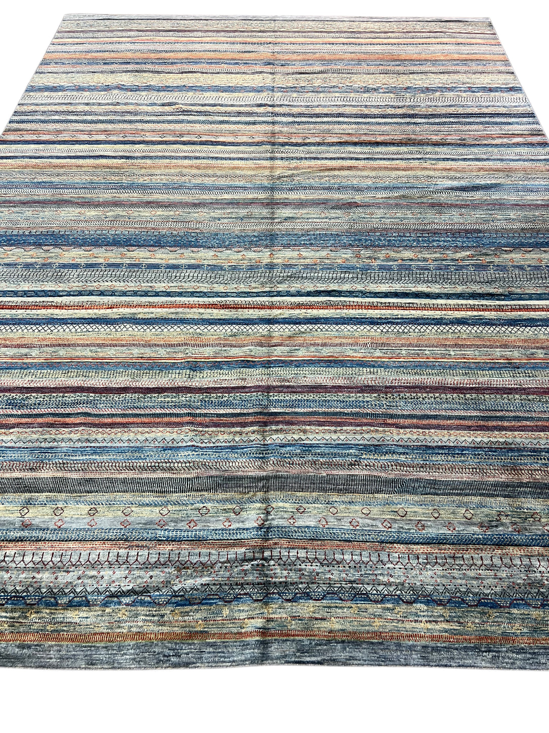 Modern Striped Wool Rug in Blue, Ivory &amp; Rust – 10’0” × 13’10”