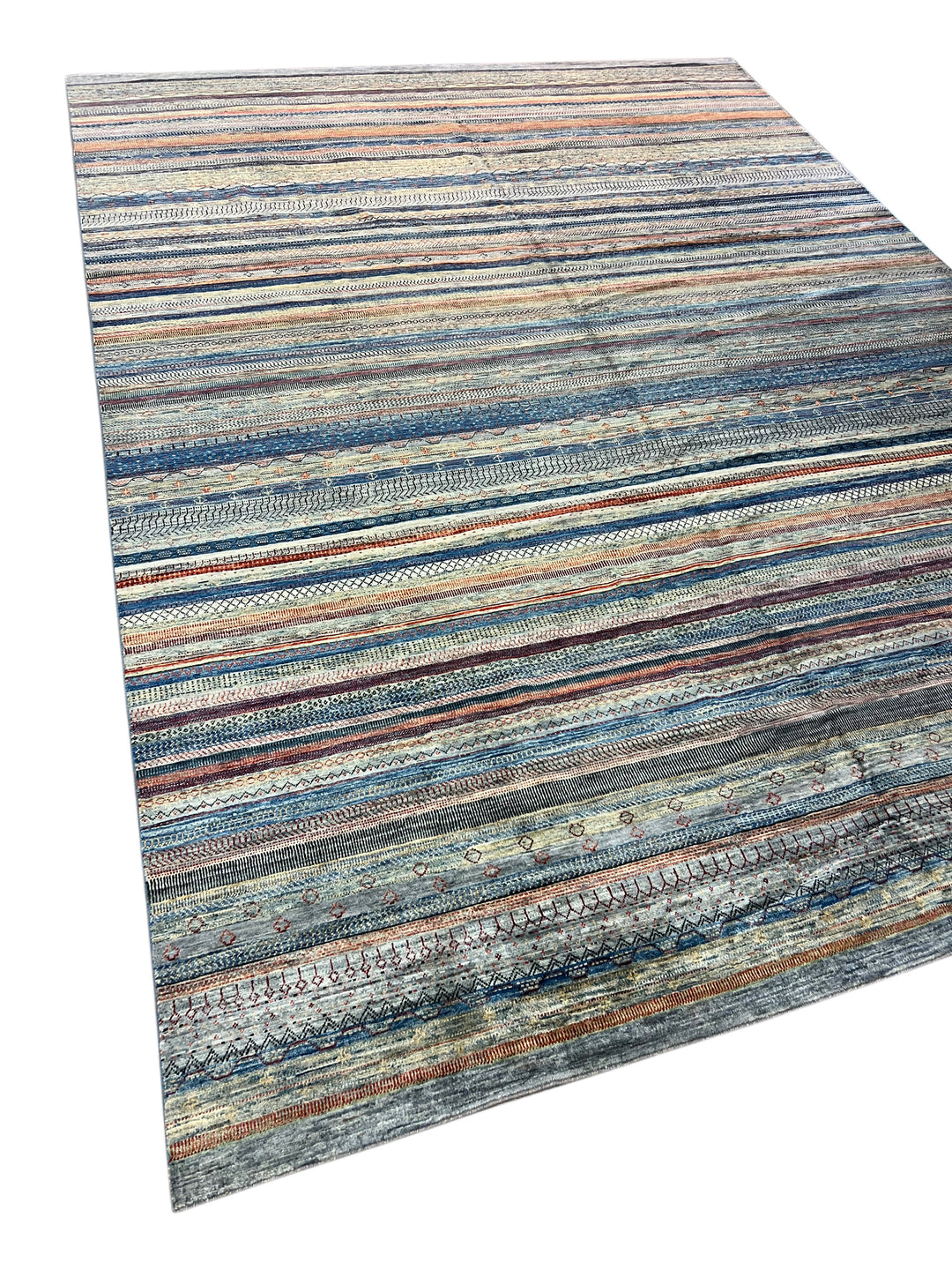 Modern Striped Wool Rug in Blue, Ivory &amp; Rust – 10’0” × 13’10”