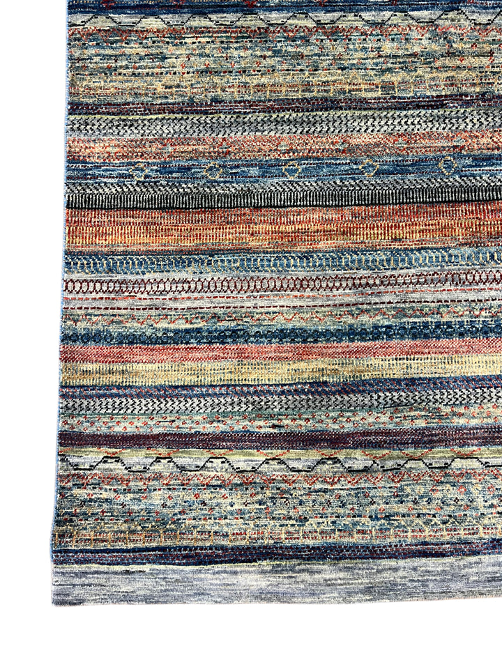 Modern Striped Wool Rug in Blue, Ivory &amp; Rust – 10’0” × 13’10”