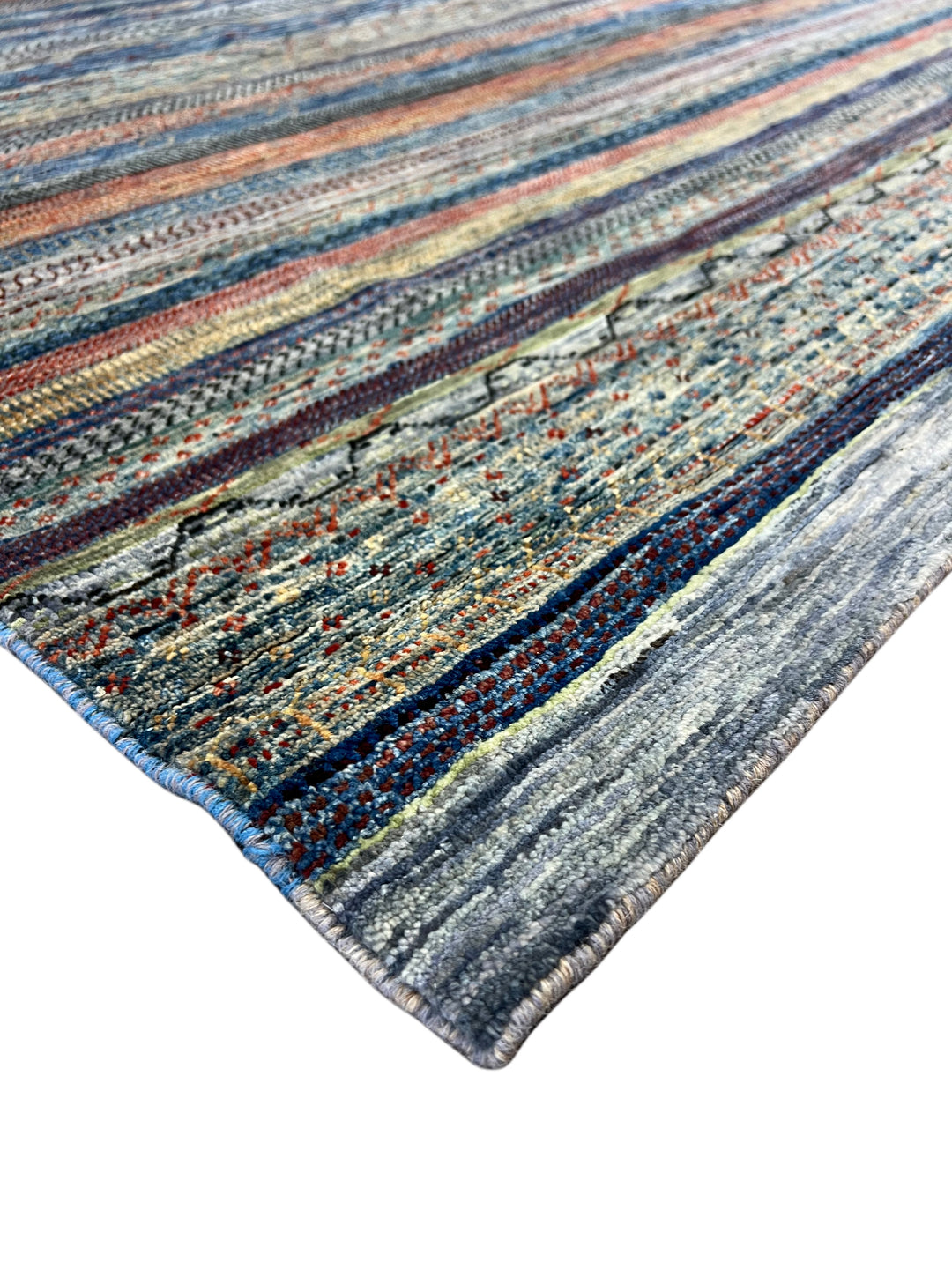 Modern Striped Wool Rug in Blue, Ivory &amp; Rust – 10’0” × 13’10”