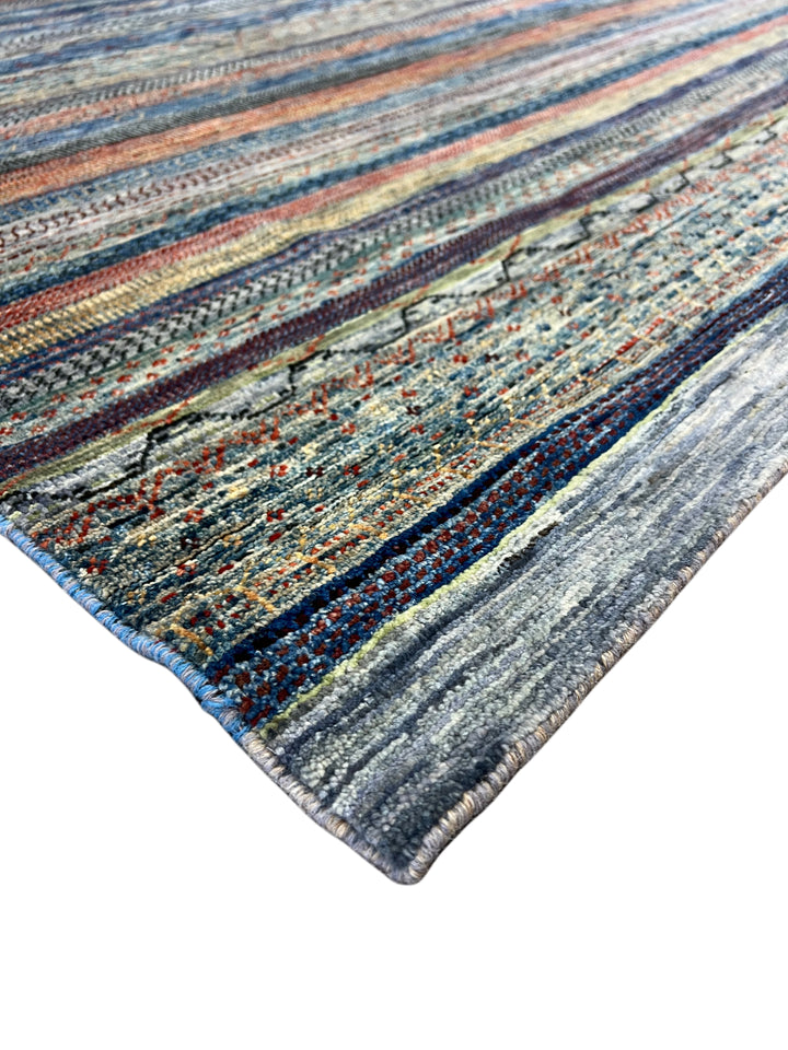 Modern Striped Wool Rug in Blue, Ivory &amp; Rust – 10’0” × 13’10”