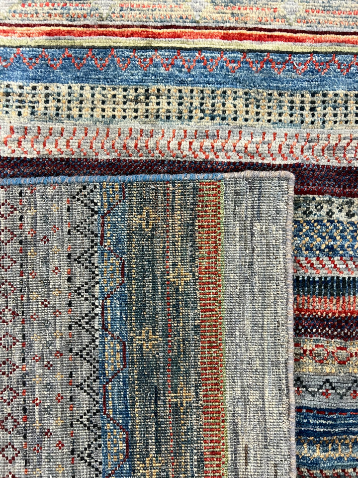 Modern Striped Wool Rug in Blue, Ivory &amp; Rust – 10’0” × 13’10”