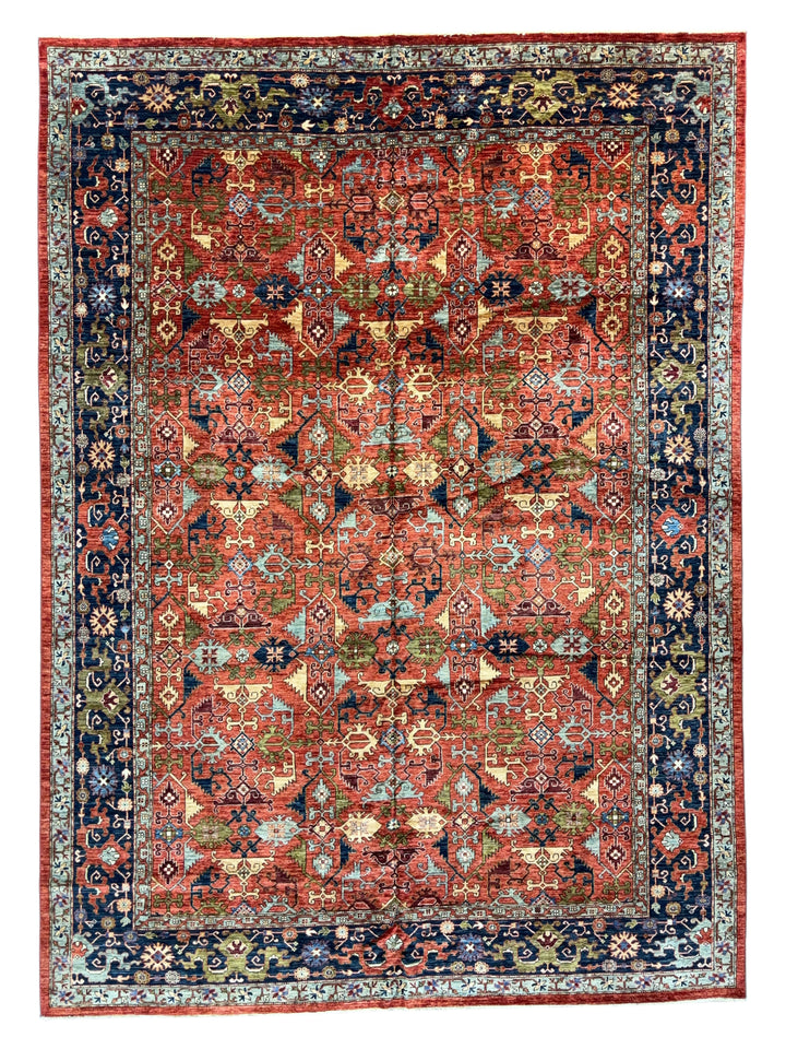 Rust Red, Navy &amp; Sky Blue - Wool Area Rug – 10’0” × 13’11”
