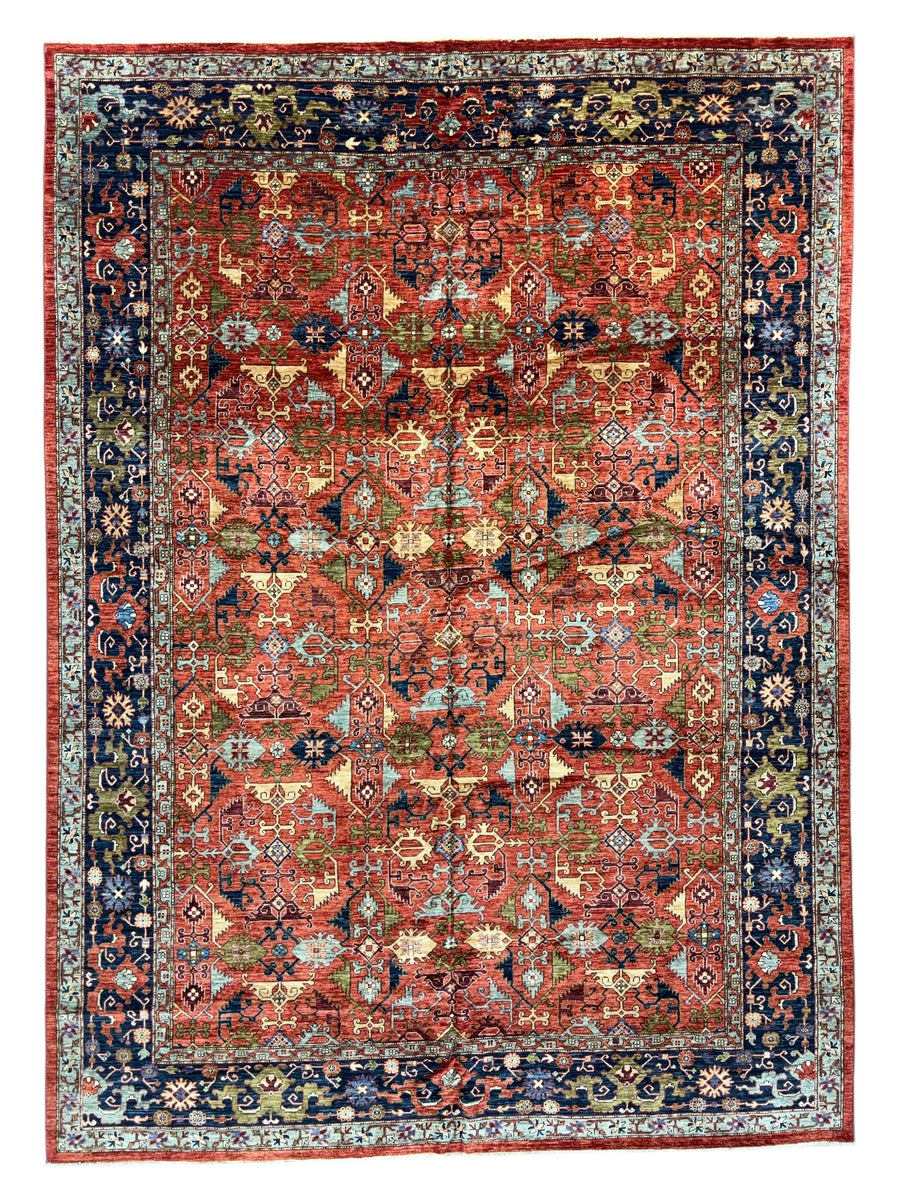 Rust Red, Navy & Sky Blue - Wool Area Rug – 10’0” × 13’11”
