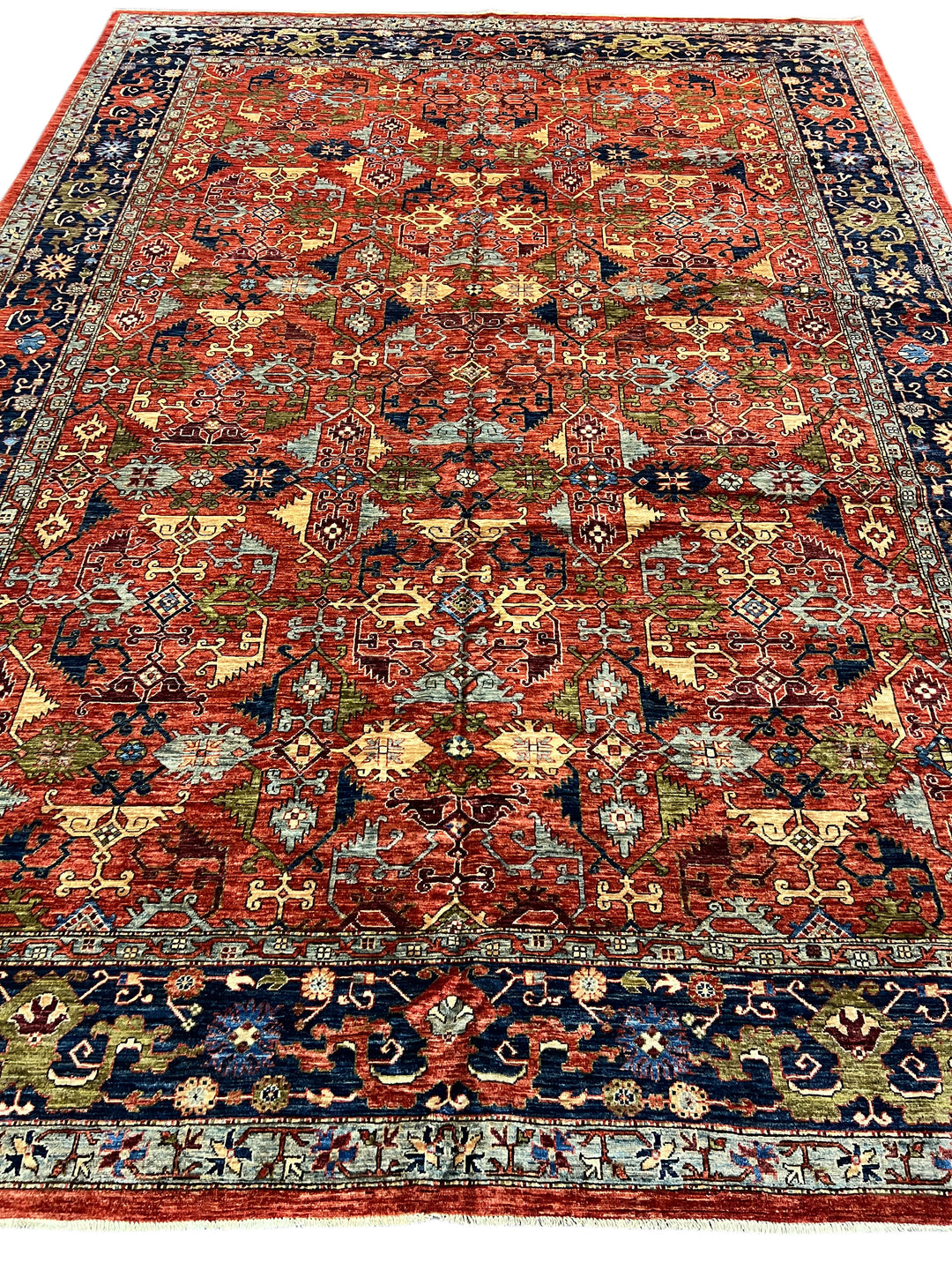 Rust Red, Navy &amp; Sky Blue - Wool Area Rug – 10’0” × 13’11”