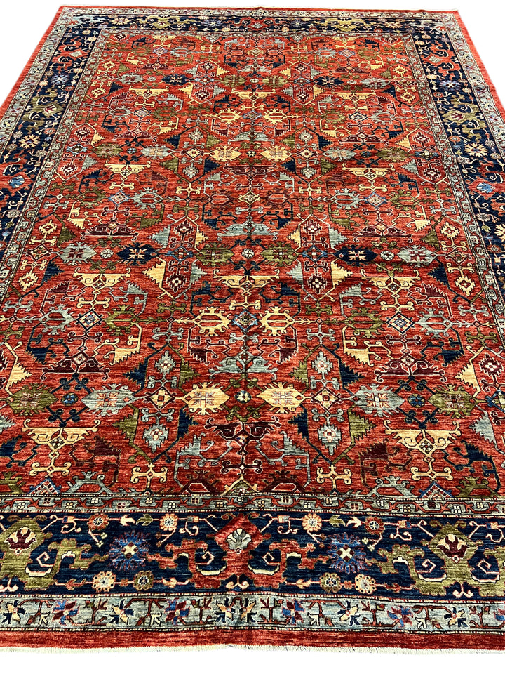 Rust Red, Navy &amp; Sky Blue - Wool Area Rug – 10’0” × 13’11”