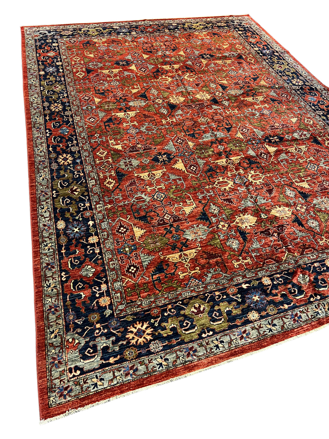 Rust Red, Navy &amp; Sky Blue - Wool Area Rug – 10’0” × 13’11”