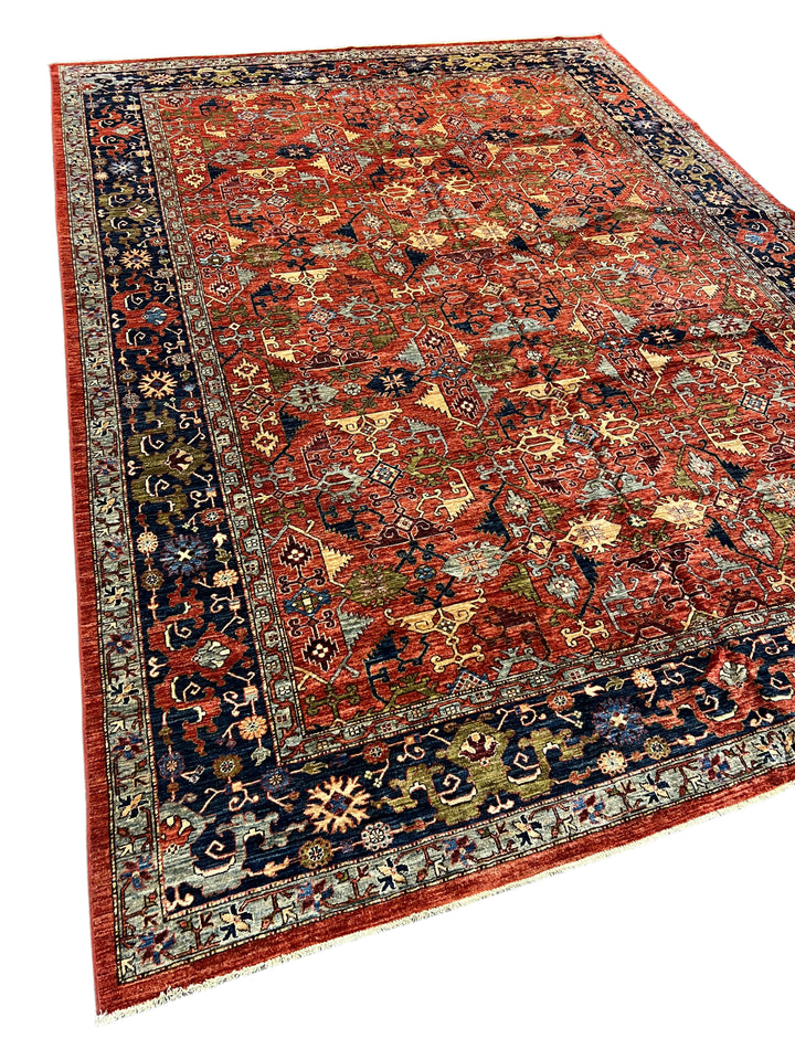 Rust Red, Navy &amp; Sky Blue - Wool Area Rug – 10’0” × 13’11”
