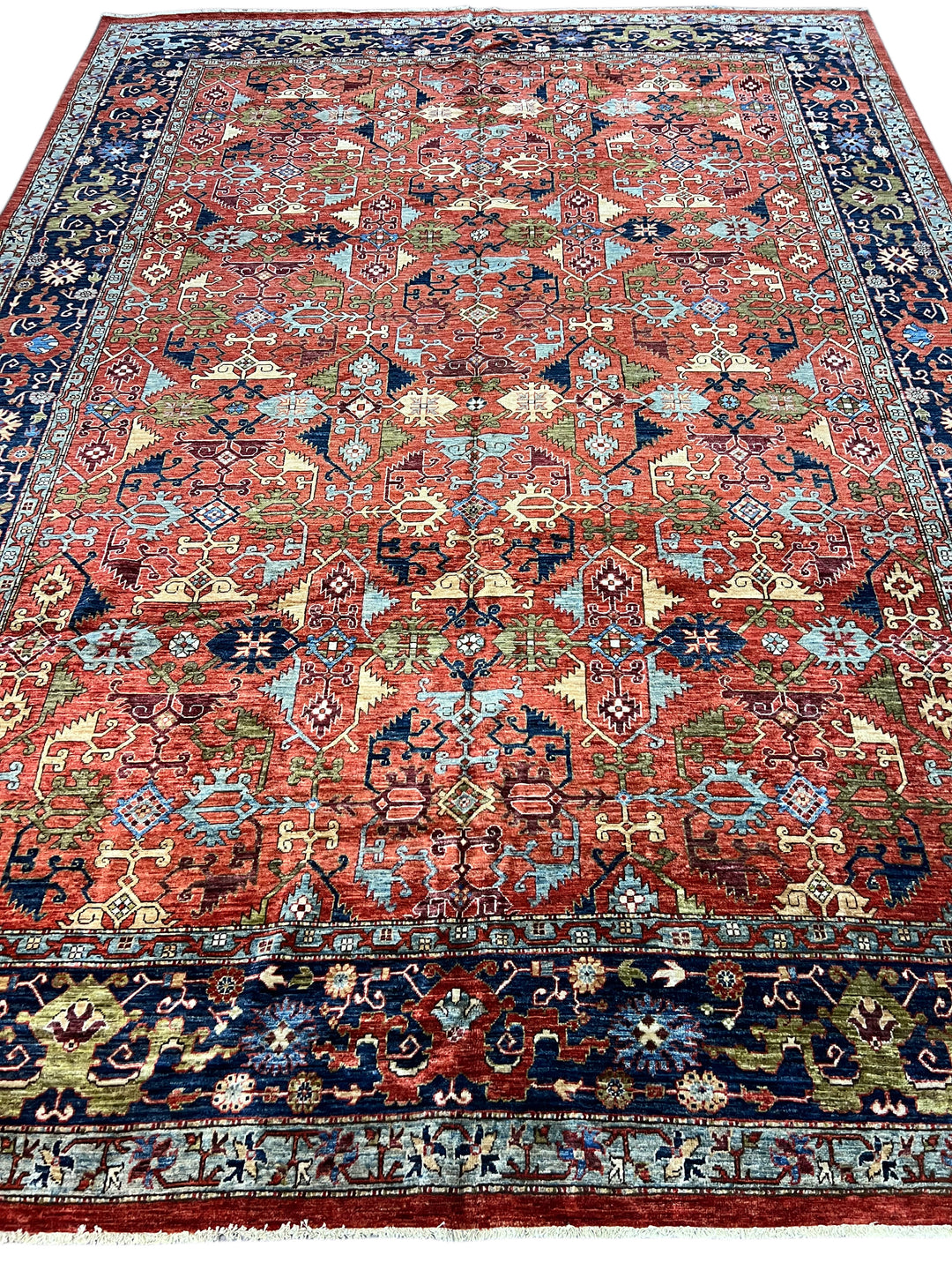Rust Red, Navy &amp; Sky Blue - Wool Area Rug – 10’0” × 13’11”