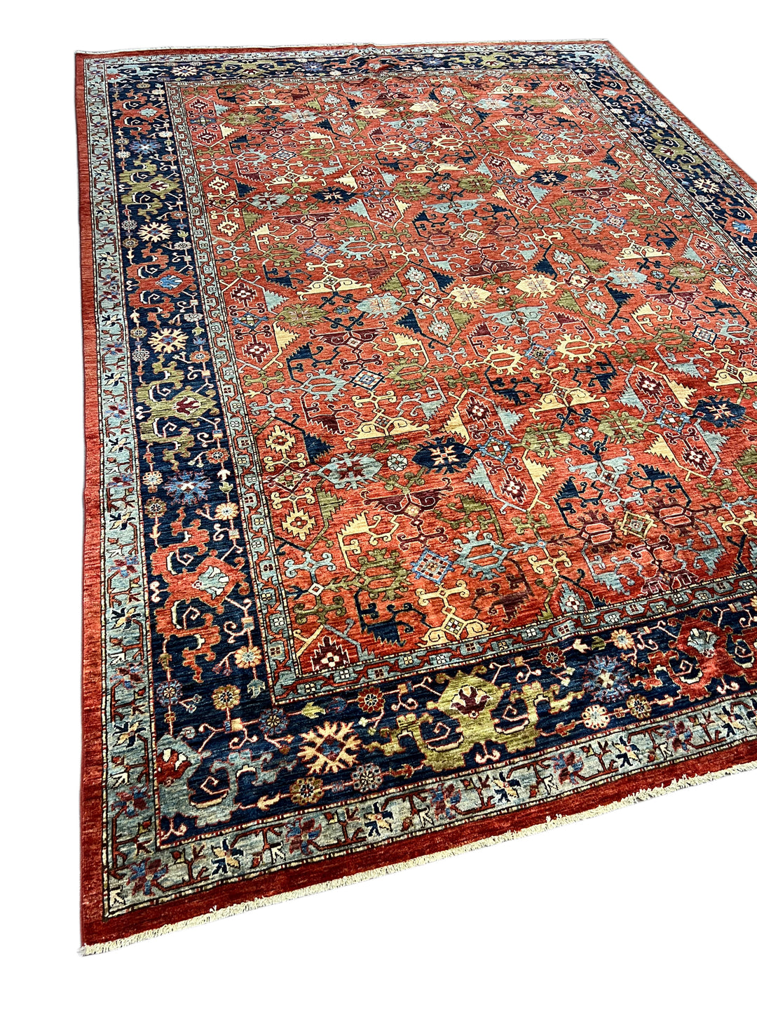 Rust Red, Navy &amp; Sky Blue - Wool Area Rug – 10’0” × 13’11”