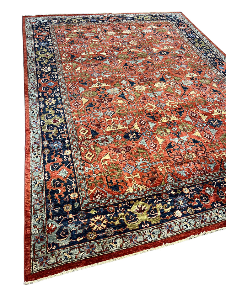 Rust Red, Navy &amp; Sky Blue - Wool Area Rug – 10’0” × 13’11”