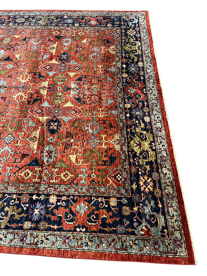 Rust Red, Navy &amp; Sky Blue - Wool Area Rug – 10’0” × 13’11”