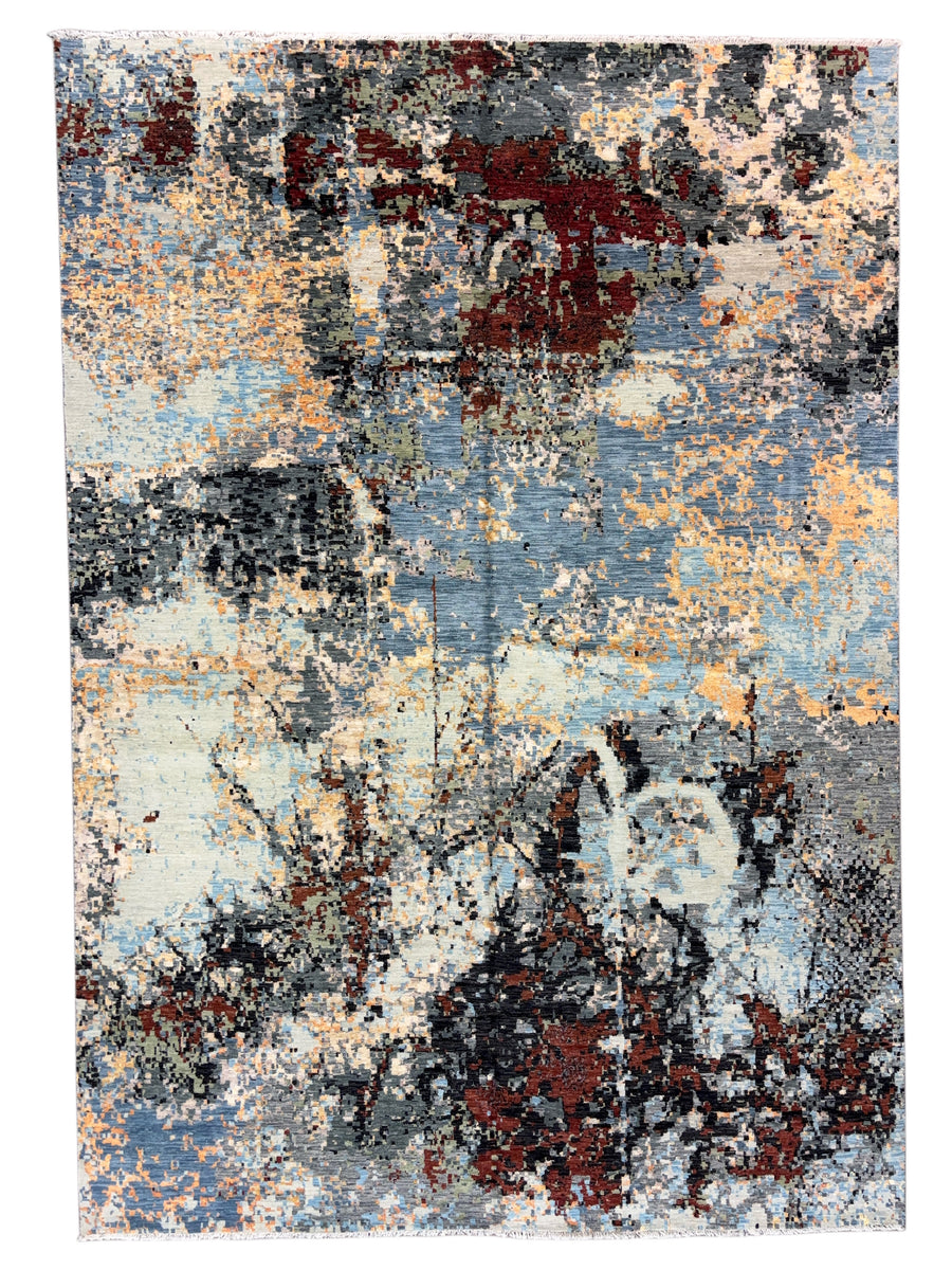 Abstract Modern Wool Rug in Blue, Ivory, Charcoal & Rust – 9’11” × 14’1”