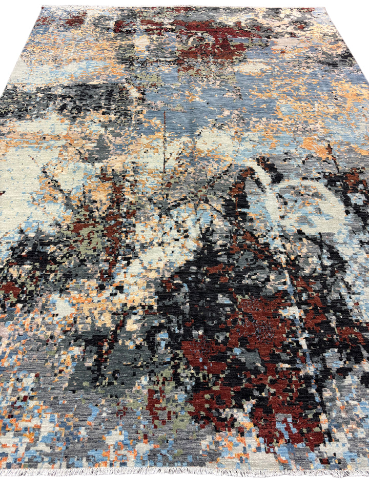 Abstract Modern Wool Rug in Blue, Ivory, Charcoal &amp; Rust – 9’11” × 14’1”