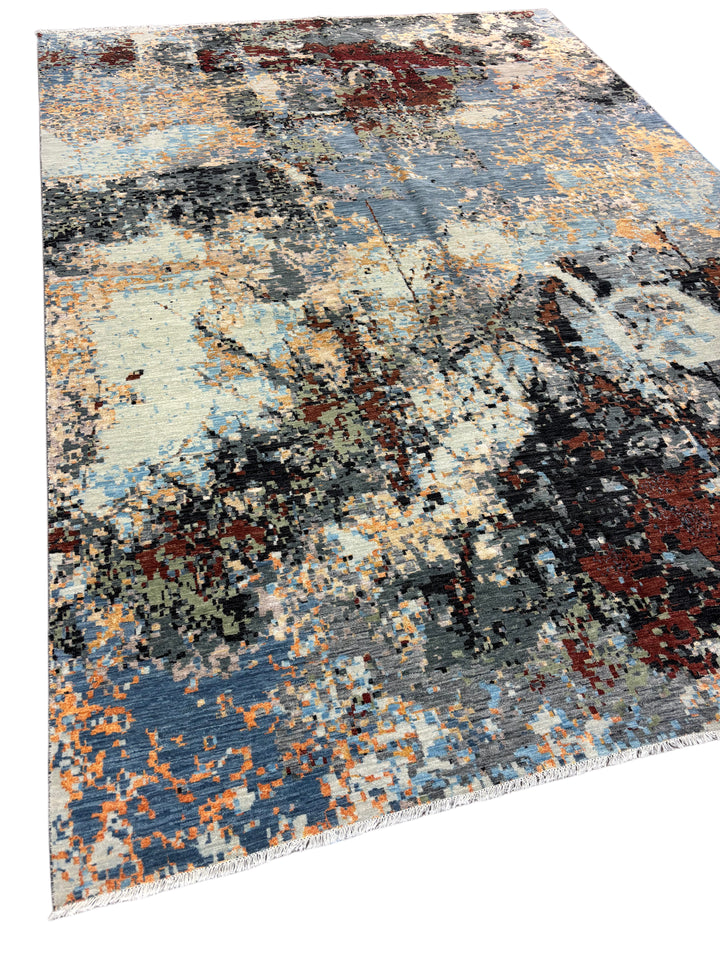 Abstract Modern Wool Rug in Blue, Ivory, Charcoal &amp; Rust – 9’11” × 14’1”