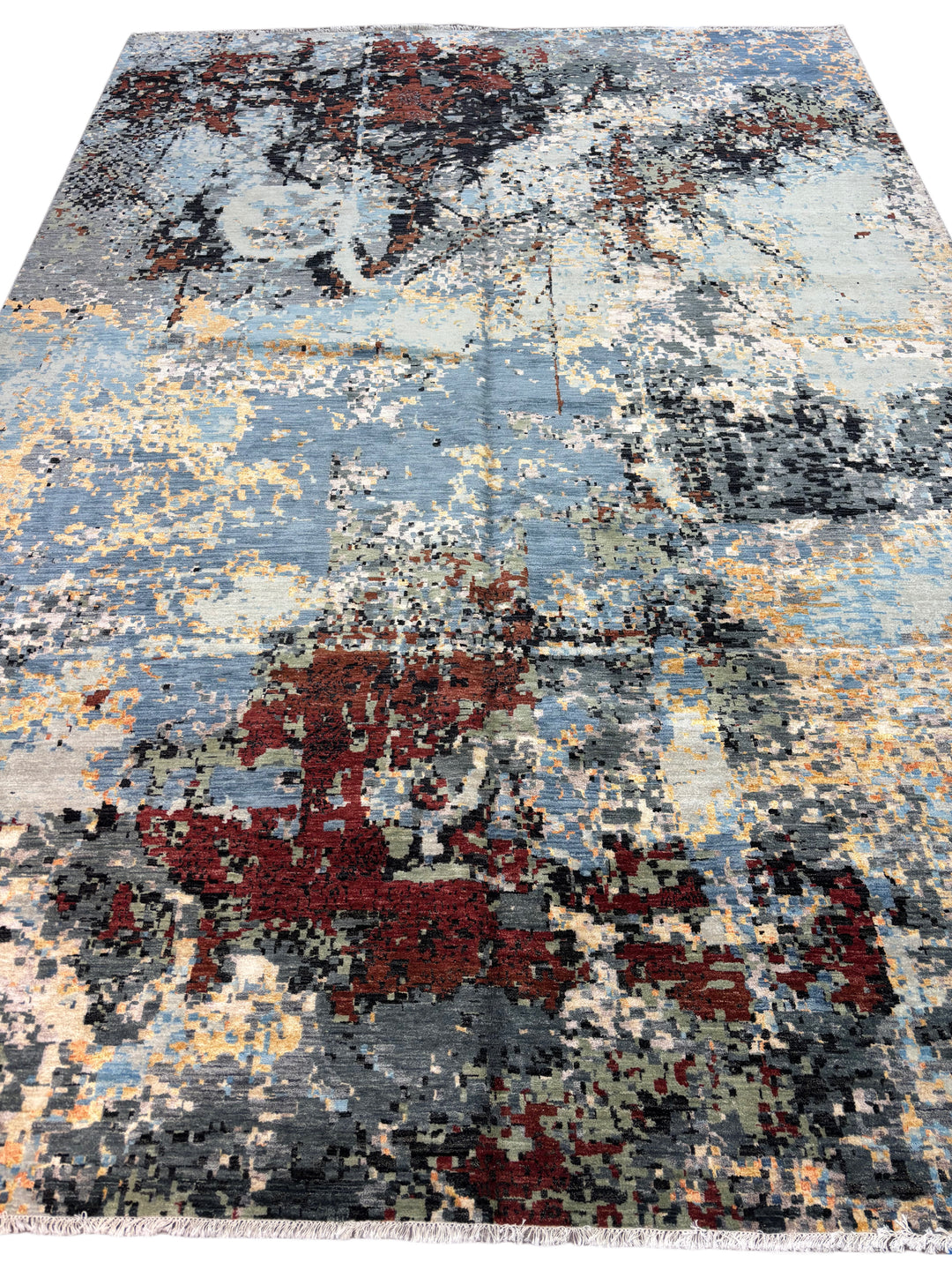 Abstract Modern Wool Rug in Blue, Ivory, Charcoal &amp; Rust – 9’11” × 14’1”