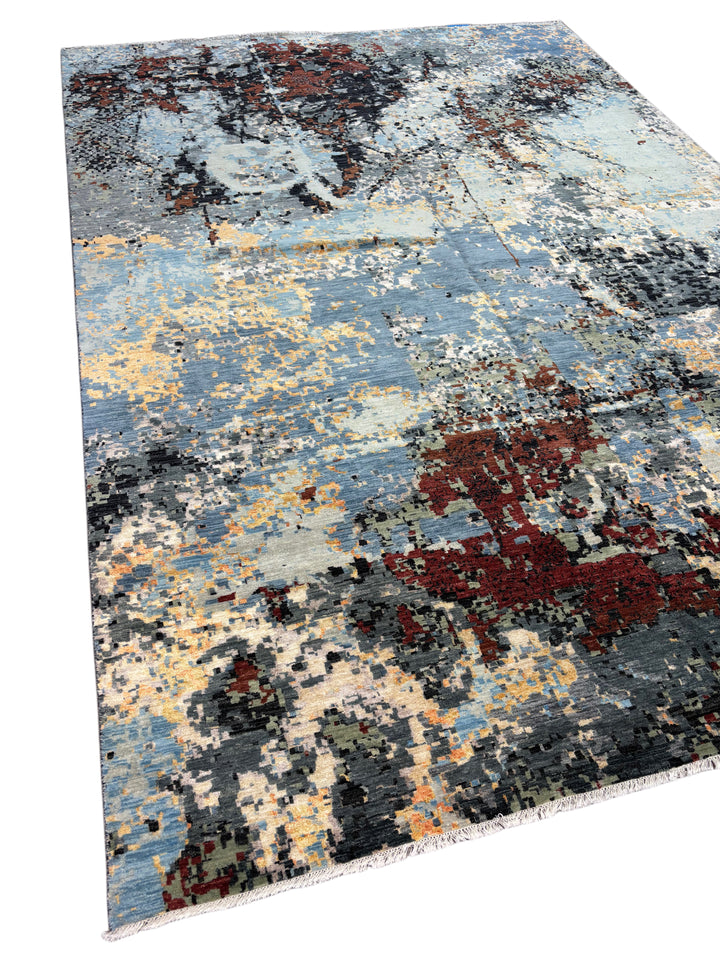 Abstract Modern Wool Rug in Blue, Ivory, Charcoal &amp; Rust – 9’11” × 14’1”