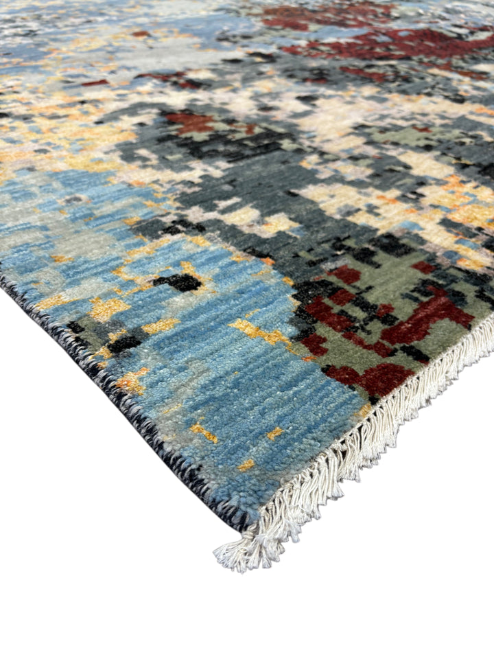 Abstract Modern Wool Rug in Blue, Ivory, Charcoal &amp; Rust – 9’11” × 14’1”