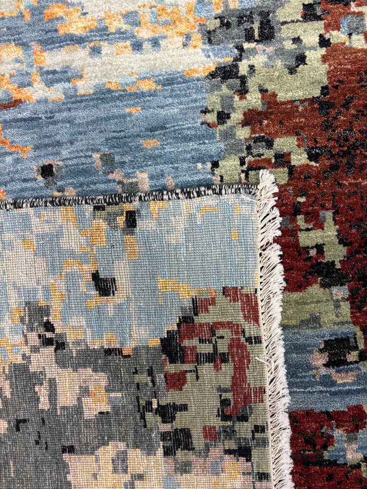 Abstract Modern Wool Rug in Blue, Ivory, Charcoal &amp; Rust – 9’11” × 14’1”