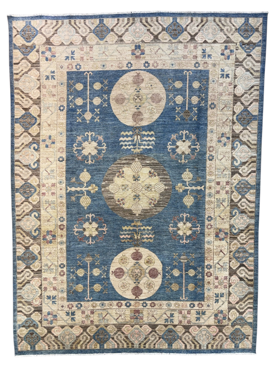 Blue, Ivory & Taupe Transitional Rug – Oushak Style Hand-Knotted Wool Rug – 10’1” × 13’7”