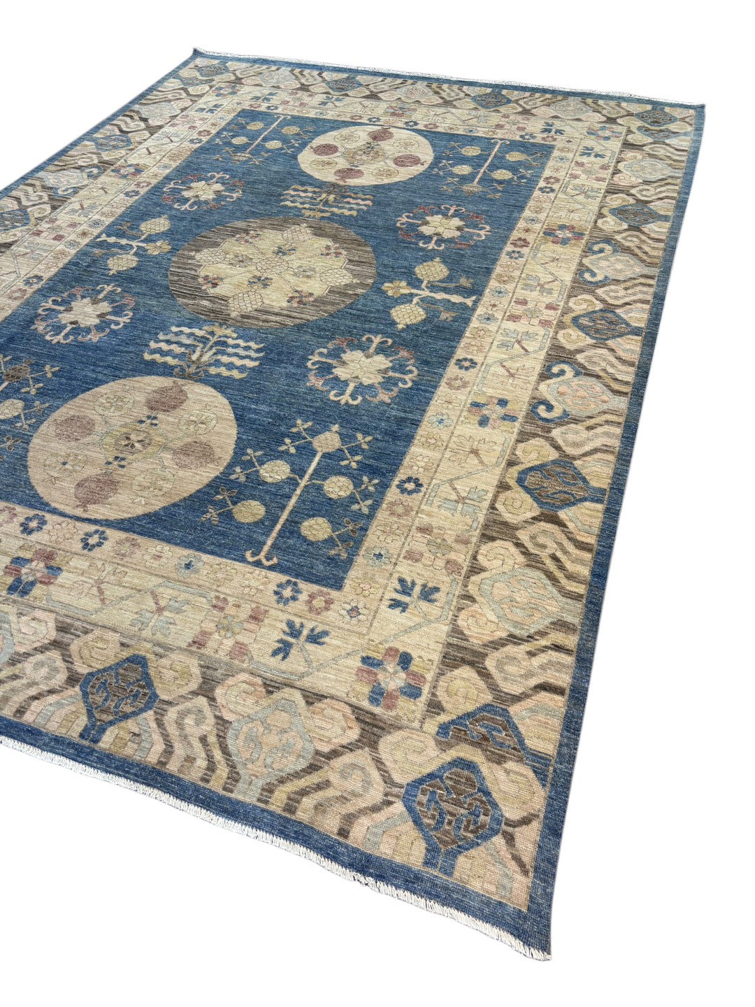 Blue, Ivory &amp; Taupe Transitional Rug – Oushak Style Hand-Knotted Wool Rug – 10’1” × 13’7”