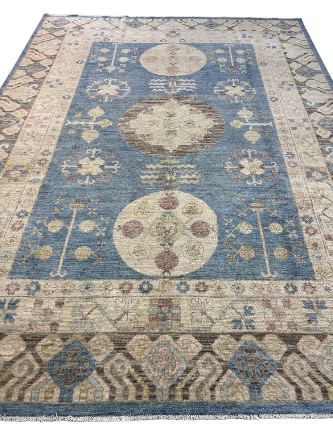 Blue, Ivory &amp; Taupe Transitional Rug – Oushak Style Hand-Knotted Wool Rug – 10’1” × 13’7”