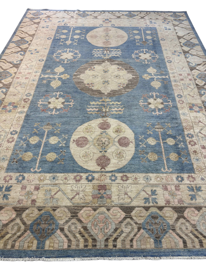 Blue, Ivory &amp; Taupe Transitional Rug – Oushak Style Hand-Knotted Wool Rug – 10’1” × 13’7”